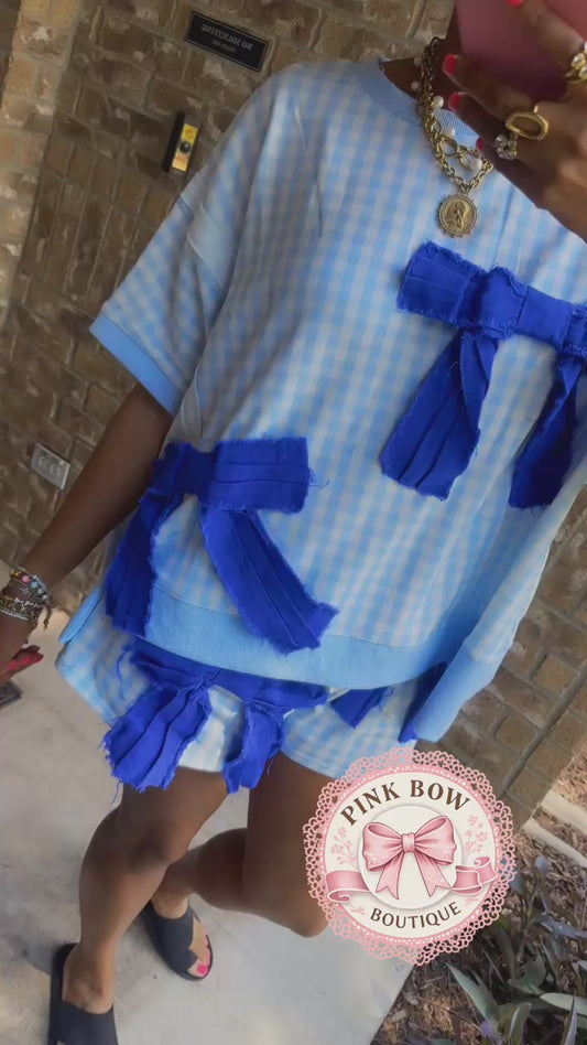 Blue Gingham Terry Denim Frayed Bow Detail TOP ONLY